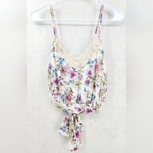 Persaya Floral Tank Top Women's Size Small Tie Back Lace Neckline